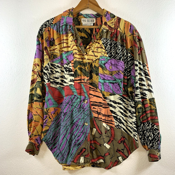 VTG Womens Patchwork Print Button Top Sz S Oversized Maximalist Statement Bold - Picture 1 of 11